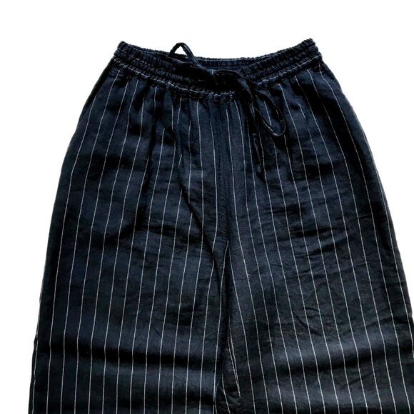 NWOT 120 % Lino Pinstripe Drawstring Pants Womens 40 XS Navy Blue Stripe Linen - Picture 2 of 12